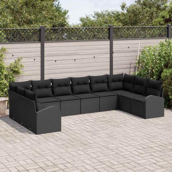 10 Teiliges Garten Sofa Set mit Kissen Schwarz Poly Rattan