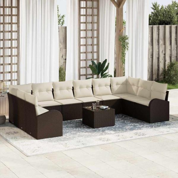 ARDEBO.de - 10-teiliges Garten-Sofa-Set mit cremefarbenen Kissen aus grauem Poly-Rattan