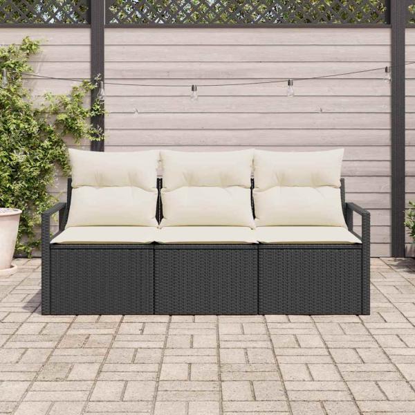 3-teilige Garten-Sofa-Set mit Kissen Schwarz Poly Rattan, 2-Sitzer Garten-Sofa mit Kissen Schwarz Poly Rattan