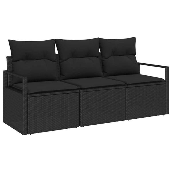 3-teilige Garten-Sofa-Set mit Kissen Schwarz Poly Rattan, 2-Sitzer Garten Sofa mit Kissen Schwarz Poly Rattan