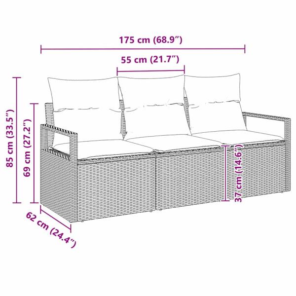 3-teilige Garten-Sofa-Set mit Kissen Schwarz Poly Rattan, 2-Sitzer Garten Sofa mit Kissen Schwarz Poly Rattan
