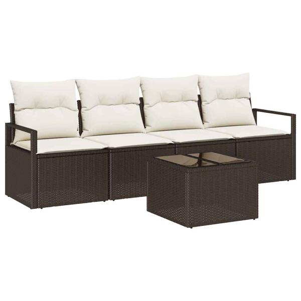5-teiliges Garten Sofa Set mit Kissen Braun Poly Rattan, 2-Sitzer Garten Sofa mit Kissen Braun Poly Rattan