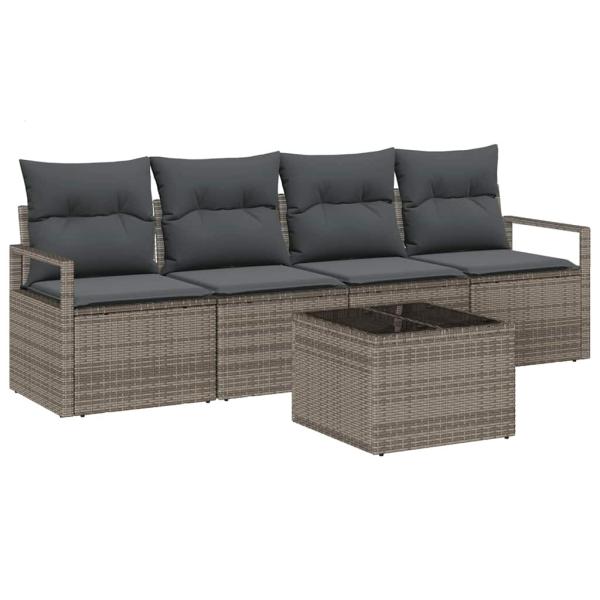 5-teilige Garten-Sofa-Set mit Kissen grau Poly-Rattan, 2-Sitzer Garten-Sofa mit Kissen grau Poly-Rattan
