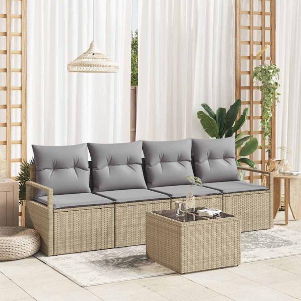 ARDEBO.de - 5-teilige Garten-Sofa mit Kissen Beiges Poly Rattan, 2-Sitzer Garten-Sofa mit Kissen Beiges Poly Rattan