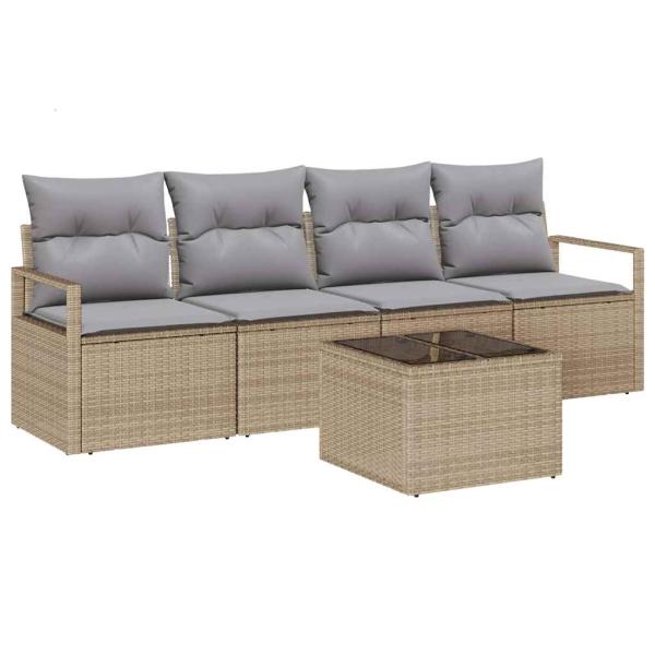 5-teilige Garten-Sofa mit Kissen Beiges Poly Rattan, 2-Sitzer Garten-Sofa mit Kissen Beiges Poly Rattan