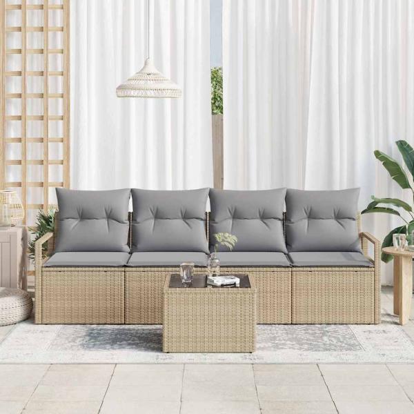5-teilige Garten-Sofa mit Kissen Beiges Poly Rattan, 2-Sitzer Garten-Sofa mit Kissen Beiges Poly Rattan