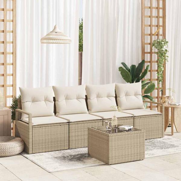 ARDEBO.de - 5-teiliges Garten Sofa Set mit Kissen Beige Poly Rattan, 2-Sitzer Garten Sofa mit Kissen Beige Poly Rattan