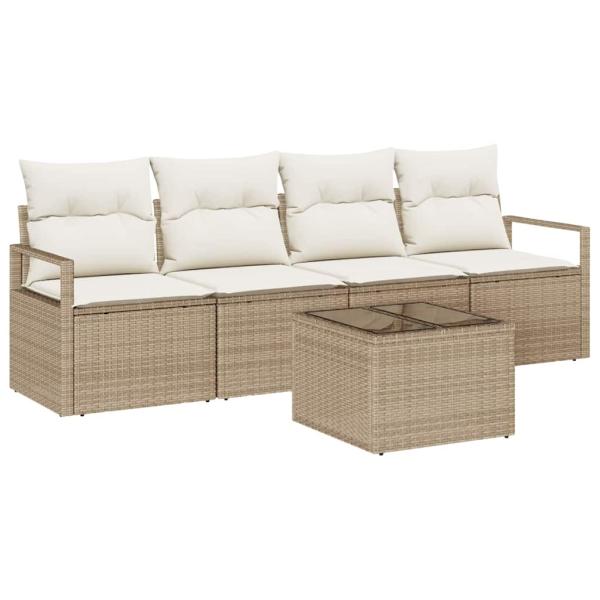 5-teiliges Garten Sofa Set mit Kissen Beige Poly Rattan, 2-Sitzer Garten Sofa mit Kissen Beige Poly Rattan
