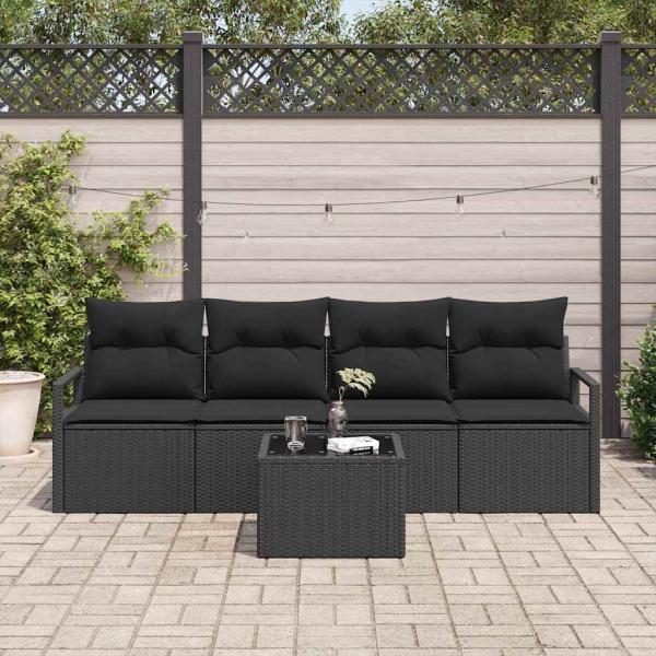 5-teiliges Garten Sofa Set mit Kissen Schwarz Poly Rattan, 2-Sitzer Garten Sofa mit Kissen Schwarz Poly Rattan