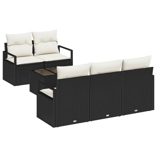 6-teiliges Garten-Sofa-Set mit Kissen Schwarz Rattan, 2-Sitzer Garten-Sofa mit Kissen Schwarz Rattan