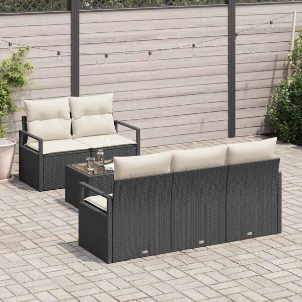 6-teiliges Garten-Sofa-Set mit Kissen Schwarz Rattan, 2-Sitzer Garten-Sofa mit Kissen Schwarz Rattan