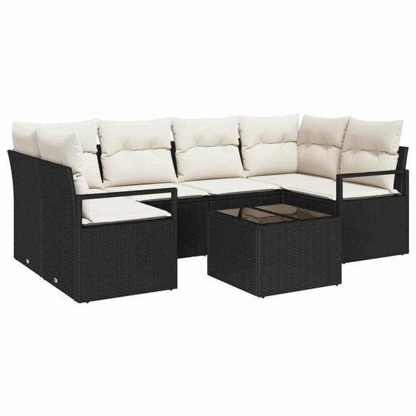 7-teiliges Garten-Sofa-Set mit Kissen Schwarz Poly-Rattan, 2-Sitzer Garten-Sofa mit Kissen Schwarz Poly-Rattan