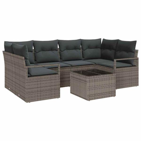 7-teiliges Garten-Sofa-Set mit Kissen aus grauem Poly-Rattan, 2-Sitzer Garten-Sofa mit Kissen aus grauem Poly-Rattan