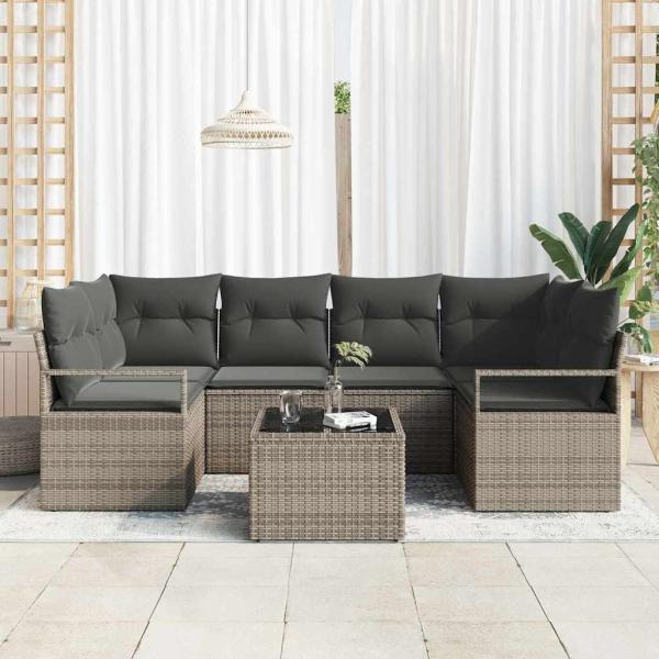 7-teiliges Garten-Sofa-Set mit Kissen aus grauem Poly-Rattan, 2-Sitzer Garten-Sofa mit Kissen aus grauem Poly-Rattan
