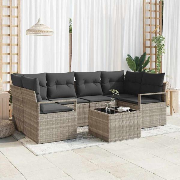 ARDEBO.de - 7-teiliges Garten-Sofa-Set mit Kissen Hellgrau Poly-Rattan, Zweisitzer Garten-Sofa mit Kissen Grau Poly-Rattan