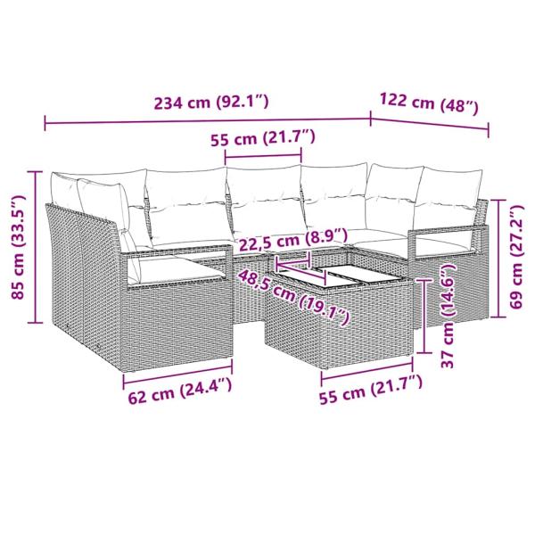 7-teiliges Garten-Sofa-Set mit Kissen Hellgrau Poly-Rattan, Zweisitzer Garten-Sofa mit Kissen Grau Poly-Rattan