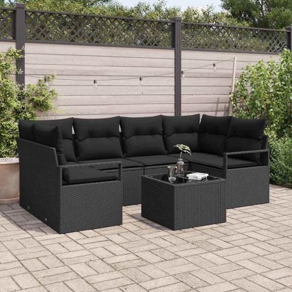 ARDEBO.de - 7-teiliges Garten-Sofa-Set mit Kissen Schwarz Poly-Rattan, 2-Sitzer Garten-Sofa mit Kissen Schwarz Poly-Rattan