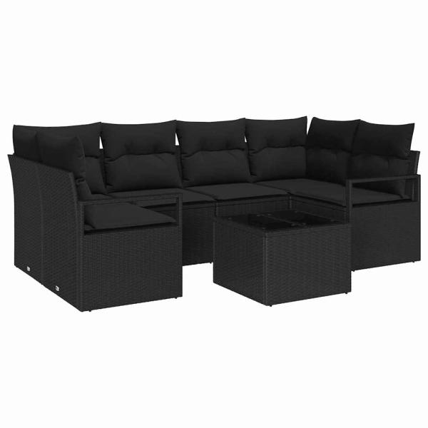7-teiliges Garten-Sofa-Set mit Kissen Schwarz Poly-Rattan, 2-Sitzer Garten-Sofa mit Kissen Schwarz Poly-Rattan