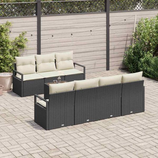 8-teiliges Garten Sofa Set mit Kissen Schwarz Poly Rattan, 2-Sitzer Garten Sofa mit Kissen Schwarz Poly Rattan