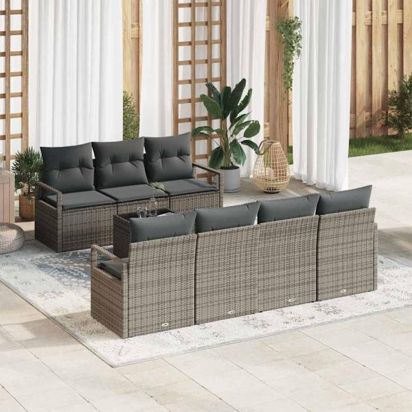 ARDEBO.de - 8-teiliges Garten Sofa Set mit Kissen in Grau - Poly Rattan, 2-Sitzer Garten Sofa mit Kissen in Grau - Poly Rattan