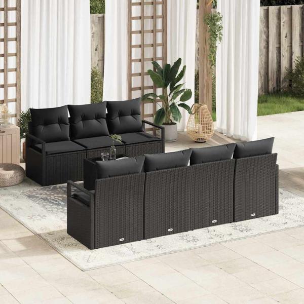 ARDEBO.de - 8-teiliges Garten Sofa Set mit Kissen Schwarz Poly Rattan, 2-Sitzer Garten Sofa mit Kissen Schwarz Poly Rattan