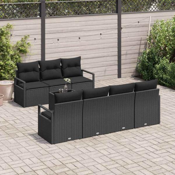 8-teiliges Garten Sofa Set mit Kissen Schwarz Poly Rattan, 2-Sitzer Garten Sofa mit Kissen Schwarz Poly Rattan