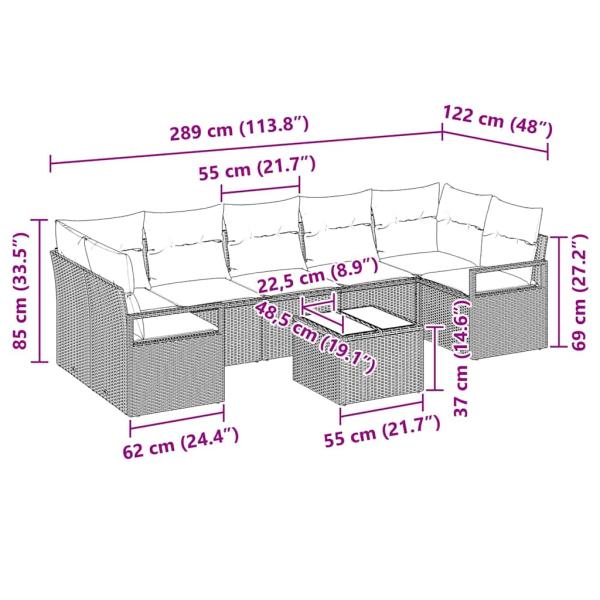 8-teiliges Garten Sofa Set mit Kissen Schwarz Poly Rattan, 2-Sitzer Garten Sofa mit Kissen Schwarz Poly Rattan
