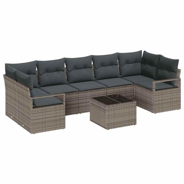 8-teiliges Garten Schlafsofa Set mit Kissen Grau Poly Rattan, 2-Sitzer Garten Schlafsofa mit Kissen Grau Poly Rattan