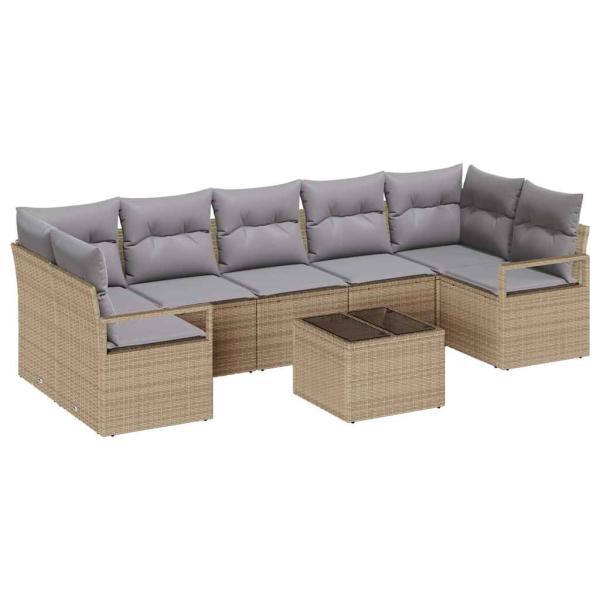 8-teiliges Garten Sofa Set mit Kissen Beige Poly Rattan, 2-Sitzer Garten Sofa mit Kissen Beige Poly Rattan