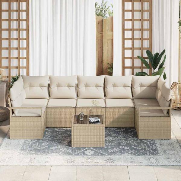8-teiliges Garten-Sofa-Set mit Kissen Beige Poly-Rattan, 2-Sitzer Garten-Sofa mit Kissen Beige Poly-Rattan