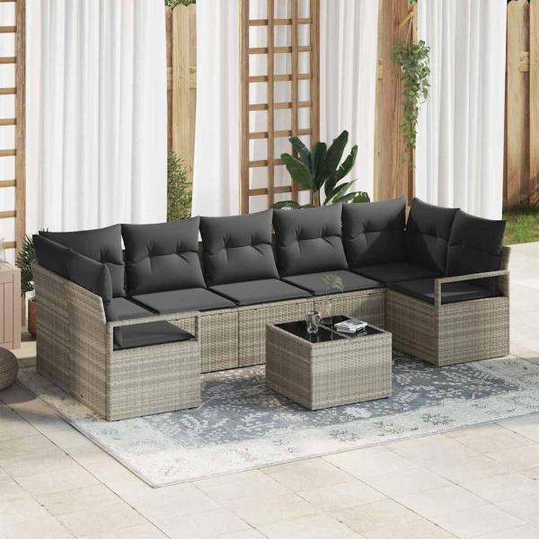 ARDEBO.de - 8 Teile Garten Sofa Set mit Kissen Hellgrau Poly Rattan, 2-Sitzer Garten Sofa mit Kissen Grau Poly Rattan