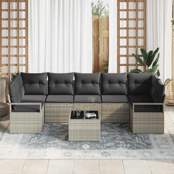 8 Teile Garten Sofa Set mit Kissen Hellgrau Poly Rattan, 2-Sitzer Garten Sofa mit Kissen Grau Poly Rattan