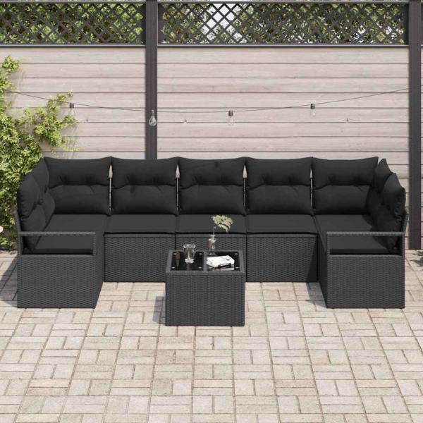 8-teiliges Garten Sofa Set mit Kissen Schwarz Poly Rattan, 2-Sitzer Garten Sofa mit Kissen Schwarz Poly Rattan