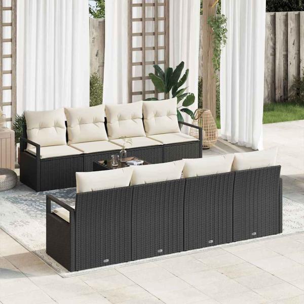 ARDEBO.de - Sofa Set mit Kissen 7 pcs Schwarz und Creme Poly Rattan