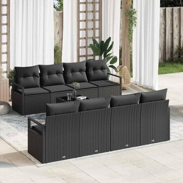 ARDEBO.de - 9-teiliges Garten Sofa Set mit Kissen Schwarz Poly Rattan, 2-Sitzer Garten Sofa mit Kissen Schwarz Poly Rattan