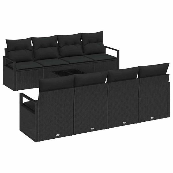 9-teiliges Garten Sofa Set mit Kissen Schwarz Poly Rattan, 2-Sitzer Garten Sofa mit Kissen Schwarz Poly Rattan