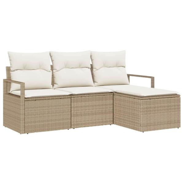 4-teilige Garten Sofa Set mit Kissen Beige Poly Rattan, 2-Sitzer Garten Sofa mit Kissen Beige Poly Rattan