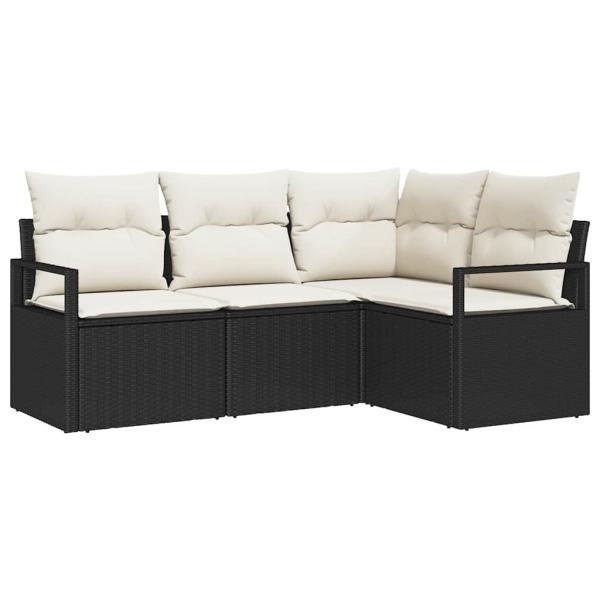 4-teiliges Garten Sofa Set mit Kissen Schwarz Poly Rattan, 2-Sitzer Garten Sofa mit Kissen Schwarz Poly Rattan
