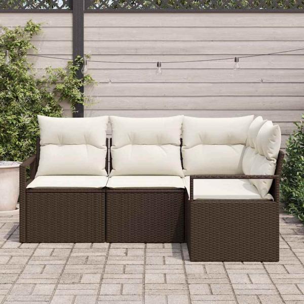 4-teiliges Garten Sofa Set mit Kissen Braun Poly Rattan, 2-Sitzer Garten Sofa mit Kissen Braun Poly Rattan