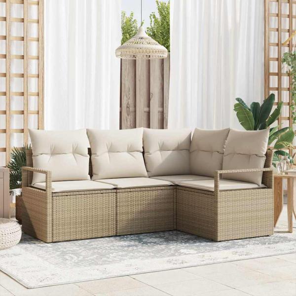 ARDEBO.de - 4-teiliges Garten Sofa Set mit Kissen Beige Poly Rattan, 2-Sitzer Garten Sofa mit Kissen Beige Poly Rattan