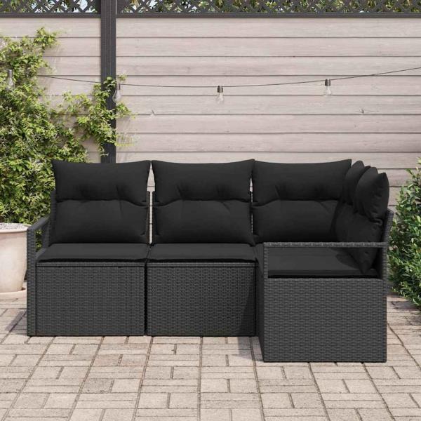 4-teiliges Garten-Sofa-Set mit Kissen Schwarz Poly-Rattan, 2-Sitzer Garten-Sofa mit Kissen Schwarz Poly-Rattan