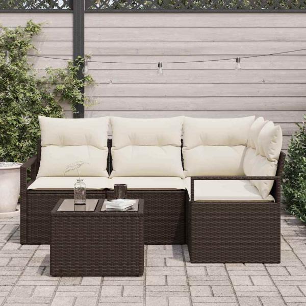 4-teiliger Gartensofa Set mit Kissen Grau Poly Rattan, 2-Sitzer Gartensofa mit Kissen Braun Poly Rattan
