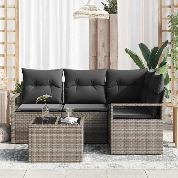4-teiliges Garten Sofagarnitur mit Kissen Schwarz Poly Rattan, 2-Sitzer Garten Sofa mit Kissen Grau Poly Rattan
