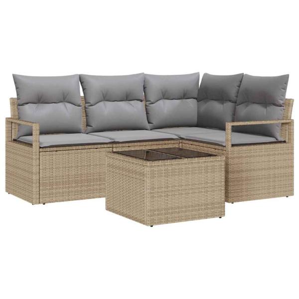 5-teilige Garten Sofa Set mit Kissen schwarzes Poly Rattan, 2-Sitzer Garten Sofa mit Kissen beige Poly Rattan