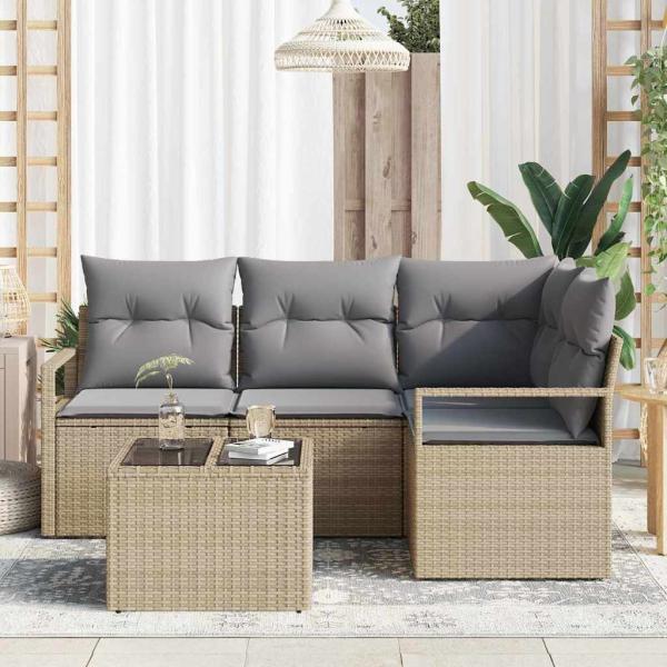 5-teilige Garten Sofa Set mit Kissen schwarzes Poly Rattan, 2-Sitzer Garten Sofa mit Kissen beige Poly Rattan