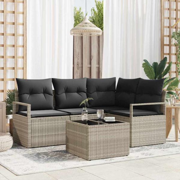ARDEBO.de - 5-teiliges Garten-Sofa-Set mit Kissen Grau Poly Rattan, 2-Sitzer Garten-Sofa mit Kissen Grau Poly Rattan