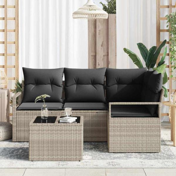 5-teiliges Garten-Sofa-Set mit Kissen Grau Poly Rattan, 2-Sitzer Garten-Sofa mit Kissen Grau Poly Rattan