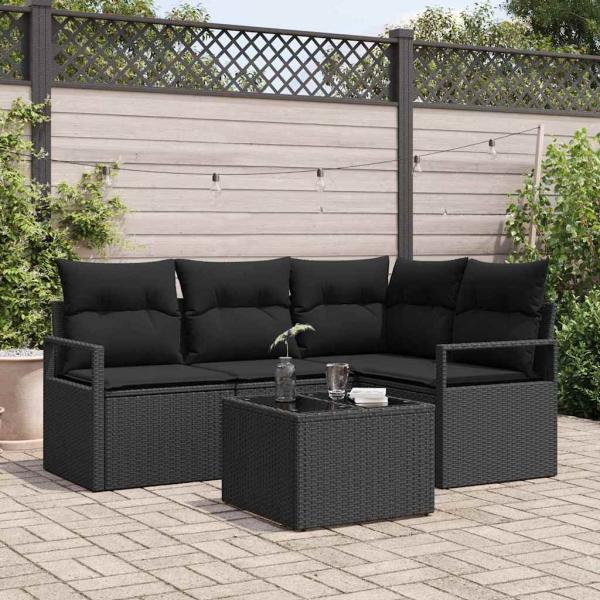 ARDEBO.de - 5-teiliges Garten Sofa Set mit Kissen Beige Poly Rattan, 2-Sitzer Garten Sofa mit Kissen Schwarz Poly Rattan