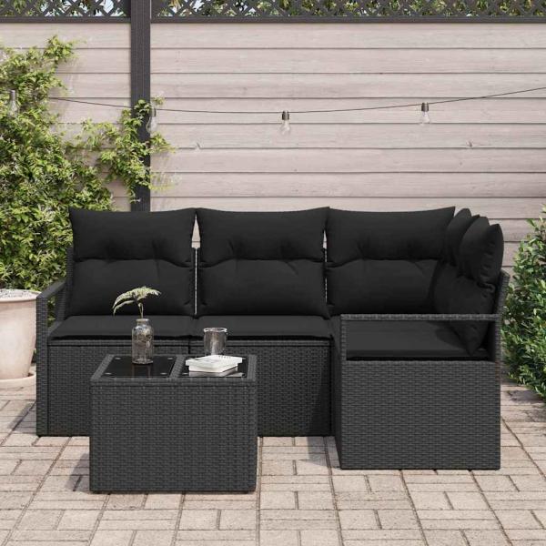 5-teiliges Garten Sofa Set mit Kissen Beige Poly Rattan, 2-Sitzer Garten Sofa mit Kissen Schwarz Poly Rattan