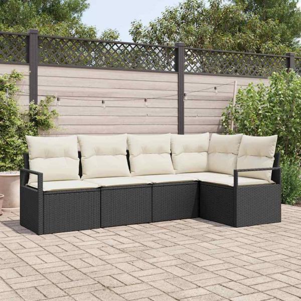 ARDEBO.de - 5-teiliges Garten-Sofa-Set mit Kissen Schwarz Poly-Rattan, 2-Sitzer Garten-Sofa mit Kissen Schwarz Poly-Rattan